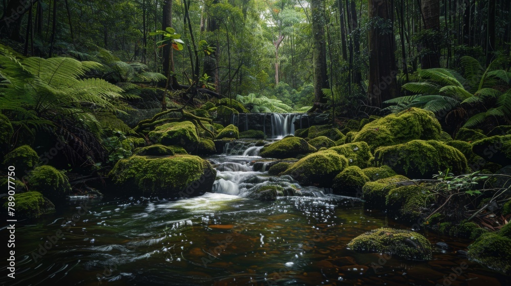 A tranquil forest stream babbling over moss-covered rocks, surrounded by towering trees and vibrant ferns, a peaceful oasis in the heart of nature. A tranquil forest stream babbling over moss-covered rocks, surrounded by towering trees and vibrant ferns, a peaceful oasis in the heart of nature.