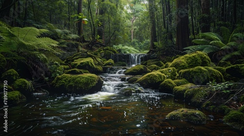 A tranquil forest stream babbling over moss-covered rocks  surrounded by towering trees and vibrant ferns  a peaceful oasis in the heart of nature.