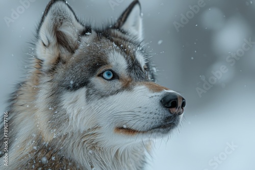 Capture of a resilient Siberian husky with striking blue eyes in snowy backdrop