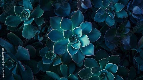 Closeup top view macro exotic succulents leaves abstract soft blue green dark backgroundFlat lay nature botanical wallpaper desktopdesert ornamental indoor plant backdrop website cover : Generative AI photo