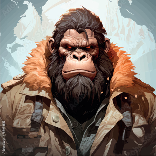 Illustration of King Kong gorilla with art paints, print for clothing, stationery, King Kong poster. Stylized image of a warlike gorilla. Gym, muscles.