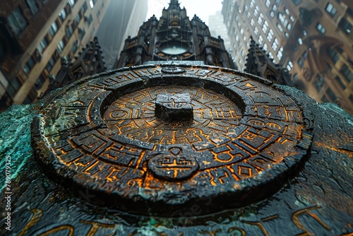 In the heart of the concrete jungle  closeup of ancient runes carved into skyscrapers and street corners unveils a hidden layer of mysticism and intrigue  blending the old world with the new in unexpe
