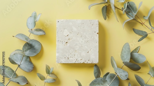 Travertine tiles Empty square mockup template for product presentation made with natural travertine and eucalyptus on a yellow background Flat lay with copy space Top view : Generative AI photo