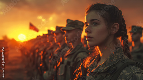 A military female soldier saluting with the USA flag as a backdrop. Ideal for commemorating Memorial Day and Veterans Day. Generative AI. photo