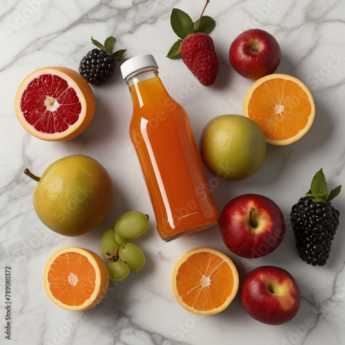Assortment of Fresh Citrus Fruits and Berries With a Bottle of Juice on a Marble Surface 