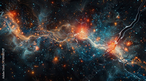 incredibly microscopic high definition. Illustrate human neurons as stars and galaxies, mirroring scientific similarities. Black background enhances the myriad colors in the illustration.