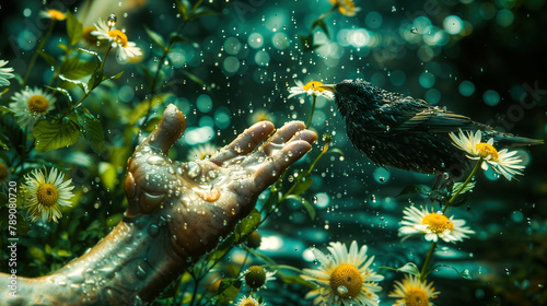 Symbolic scene of a hand with flora and fauna representing mother earth day nature © bluebeat76