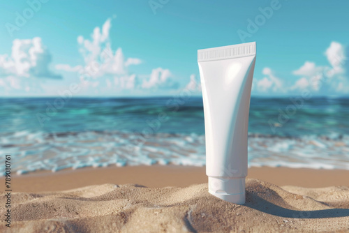 close up of blank white tube of sun cream on the sandy beach. bright blue sky, clear sunny day, product shot, advertising style