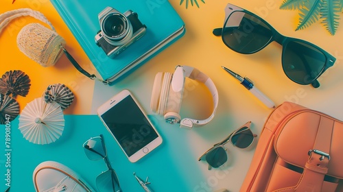 Summer vacation things neatly organised Travel concept Flat lay : Generative AI photo