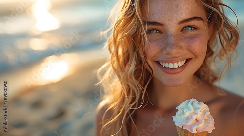 a luminous woman with flowing wavy hair, her laughter filling the air as she enjoys a leisurely walk on the beach, her hand adorned with a delicious ice cream cone