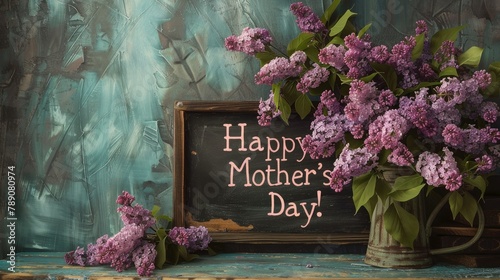 A charming display features lilac flowers elegantly arranged next to a vintage blackboard bearing the heartfelt message Happy Mother s Day This nostalgic image exudes a vintage charm making photo