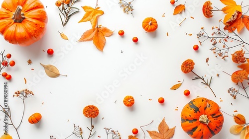 Autumn composition Dried leaves pumpkins flowers rowan berries on white background Autumn fall halloween thanksgiving day concept Flat lay top view copy space : Generative AI