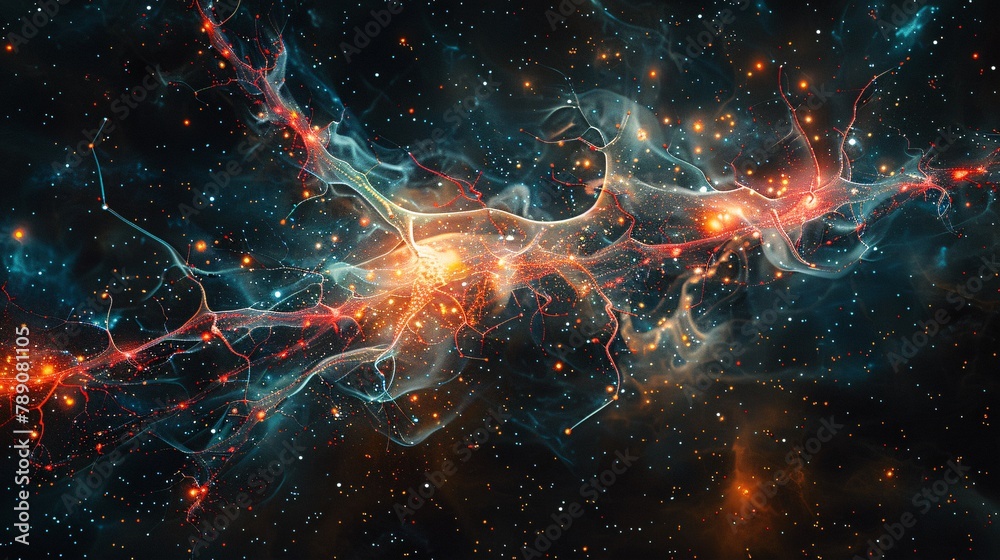 incredibly microscopic high definition. Illustrate human neurons as stars and galaxies, mirroring scientific similarities. Black background enhances the myriad colors in the illustration. - obrazy, fototapety, plakaty 