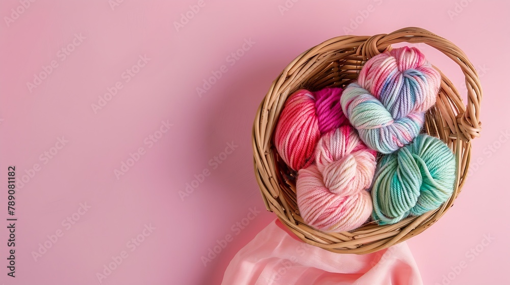 Wicker basket with skeins of yarn and a knitted headband with braids on a pink background Summer needlework DIY concept Top view closeup flat lay : Generative AI