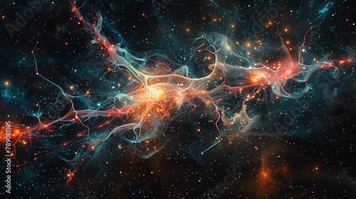 incredibly microscopic high definition. Illustrate human neurons as stars and galaxies, mirroring scientific similarities. Black background enhances the myriad colors in the illustration. photo