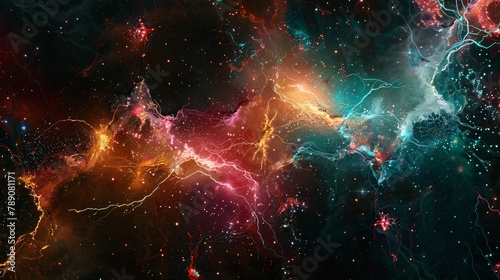 incredibly microscopic high definition. Illustrate human neurons as stars and galaxies, mirroring scientific similarities. Black background enhances the myriad colors in the illustration. #789081171