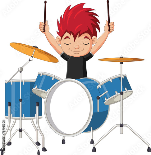 Cartoon little boy playing a drum set (ID: 789081308)
