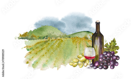 A bottle of wine, a glass and grapes against a background of fields and mountains. Watercolor illustrations for cards, scrapbooking. Hand drawn watercolor illustration. Wine vintage background banners