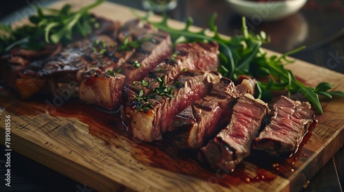 Modern style traditional barbecue dry aged wagyu porterhouse beef steak bistecca alla Fiorentina sliced and served as closeup on a wooden design board : Generative AI photo