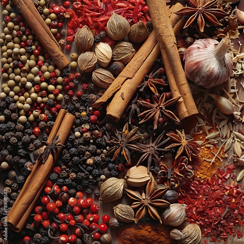 A variety of spices, including star anise, cinnamon sticks, dried chilies, and peppercorns. photo