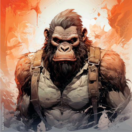 Illustration of King Kong gorilla with art paints, print for clothing, stationery, King Kong poster. Stylized image of a warlike gorilla. Gym, muscles.