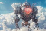 An enormous mech, its core a glowing heart, holds a flat card that dictates the fate of a fairy tale world, under a white cloud sky, 