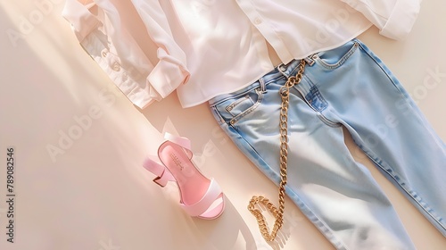 Blue jeans white shirt pink heeled sandals  small cross body bag with chain strap jewelry accessories on beige background Womens stylish spring summer outfit Trendy clothes Flat lay to : Generative AI photo