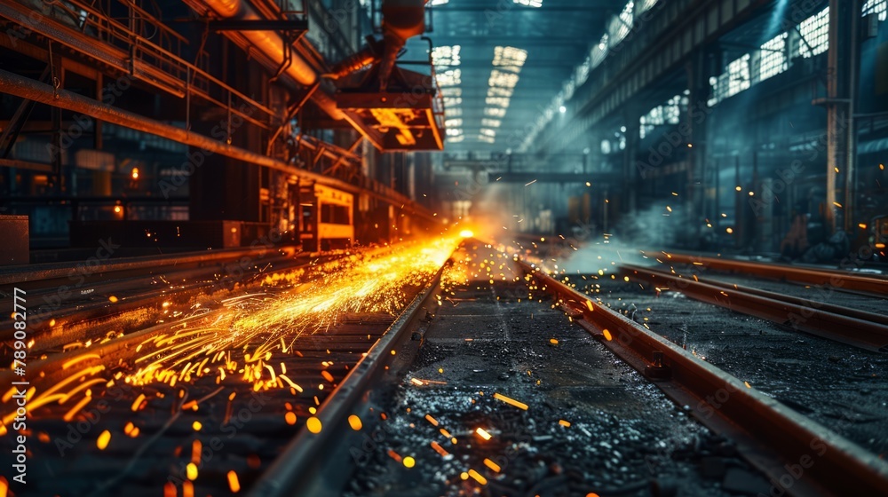 Sparks flying in a dark industrial interior