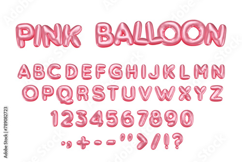 Pink 3d balloon font. Inflated English alphabet. Shiny isolated letters, numbers and symbols with metallic effect. Bubble helium typeset, Vector cartoon illustration, realistic render.