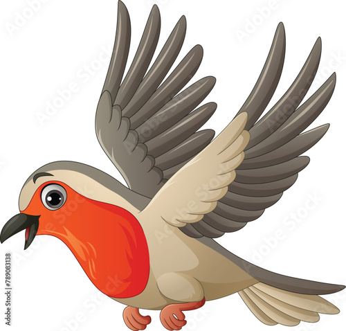 Cartoon robin bird flying on white background