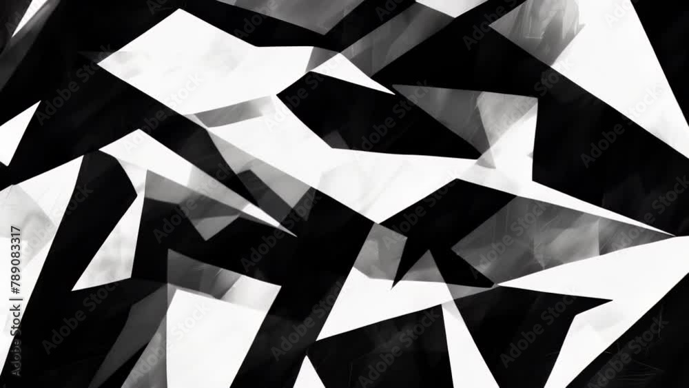 A dynamic, chaotic abstract pattern of black and white acute-angled triangles intricately intertwined. The geometric shapes, randomly dispersed, create a unique rhythm amidst irregularity. 