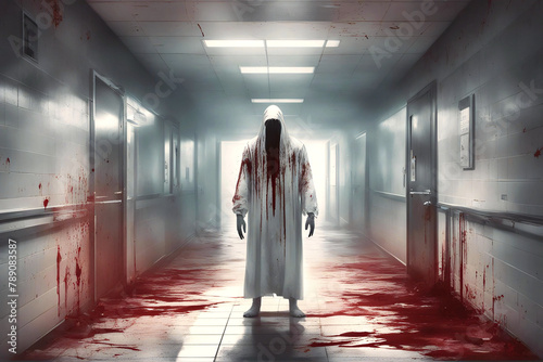 A ghostly figure standing in a hospital corridor spattered in blood.	