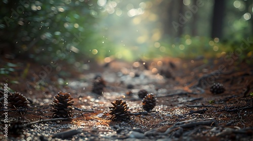 Forest path closeup with cones and roots Low point of view in nature landscape Blurred nature background copy space Park low focus depth Ecology environment : Generative AI photo