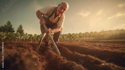 Senior elderly man reclaims soil with hoe on farm photo