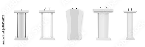 PNG, Business presentation or conference speech realistic 3d stands. White podium, tribune with microphones. Creative vector illustration of a podium tribune with microphones on a transparent backgrou