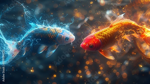 Create an image of two vibrant, jumping koi fish dissolving into glowing particles, with a bright, colorful, translucent effect and optical flares. Close-up view.