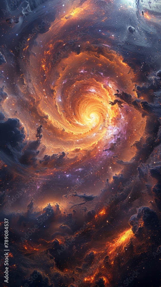 Pulsating black hole engulfed in vivid orange and purple nebulas isolated on a gradient cosmic background Pulsating black hole engulfed in vivid orange and purple nebulas isolated on a gradient cosmic background