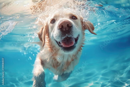 happy smiling puppy labrador swimming underwater in the sea on a sunny summer day photo