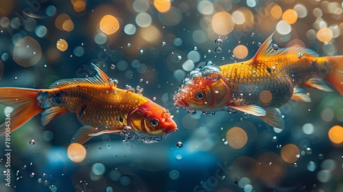 Create an image of two vibrant, jumping koi fish dissolving into glowing particles, with a bright, colorful, translucent effect and optical flares. Close-up view. photo