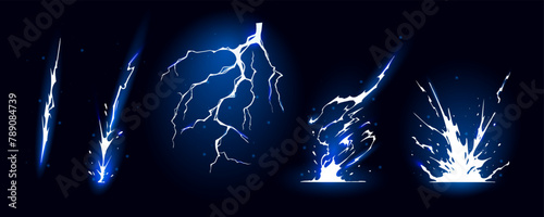 Lightning strike bolt silhouettes sequence vector illustration. Black thunderbolts and zippers are natural phenomena isolated on a dark background. Thunderstorm electric effect of light shining flash. © Konstantin