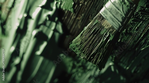 A close up of the bristles of a wide decorators paint brush coated with green paint as its used to paint a wood surface : Generative AI