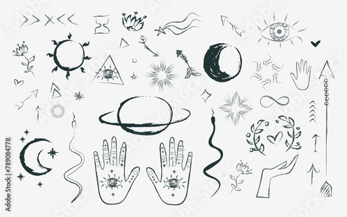 Black witch stuff. Set Witchcraft, magic elements. Collection of Mystical and Astrology objects in boho style. Mystical signs,silhouettes. Vector Hand drawn elements. Astronomy. Line art illustrations