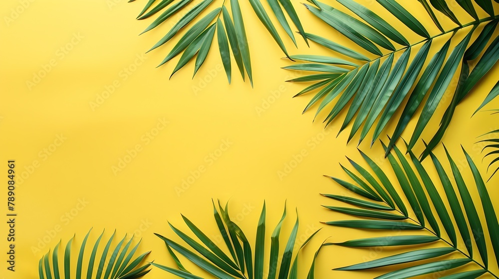 Tropical palm leaves on yellow background Summer concept Flat lay top view copy space : Generative AI