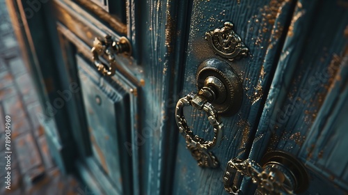 antique brass and forged door handles closeup vintage architecture and restoration : Generative AI