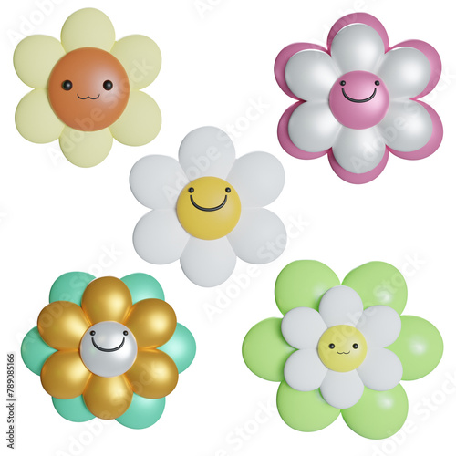Set of  Balloons, Flower, daisies, isolated, elements, for decorations, birthday cards, banners and websites, sticker, celebrations, illustration, 3d rendering.