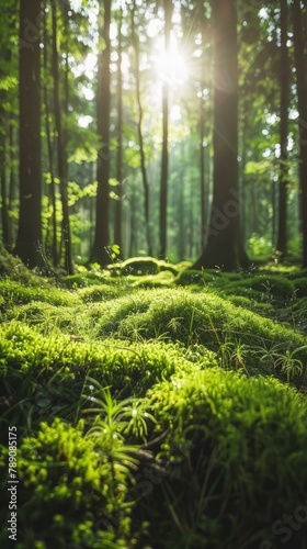 Peculiar formation of lush green moss on a forest floor spotlighted by dappled sunlight leaving a mysterious backdrop with ample space for text