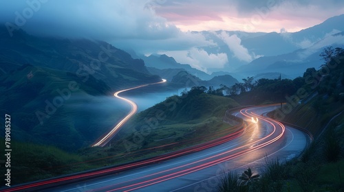 Long exposure of car lights winding through hilly roads