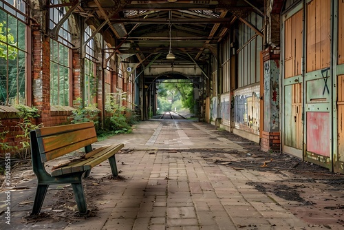 : An abandoned, abandoned train station, with a single, sad, solitary bench