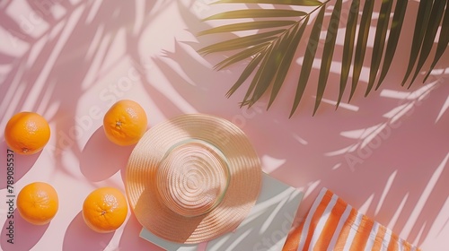 Summer Lifestyle flat lay with sun hat fresh citrus fruits oranges book for read on striped beach towel pastel pink background copy space palm shadow Summer beach day relaxation rest t : Generative AI photo