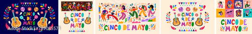 Beautiful vector illustrations with design for Mexican holiday 5 may Cinco De Mayo. Vector templates with traditional Mexican symbols skull, Mexican guitar, flowers, red pepper